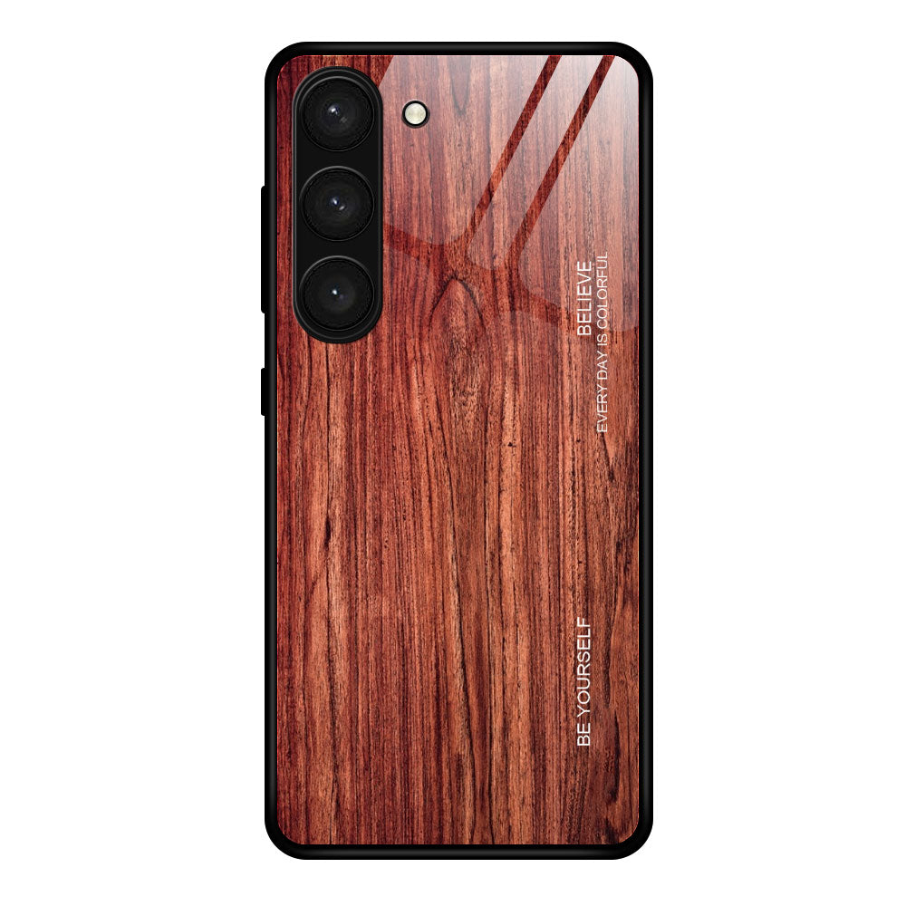 For Samsung Galaxy S24 Case Wood Texture Tempered Glass+TPU Anti-Drop Phone Case - Wine Red
