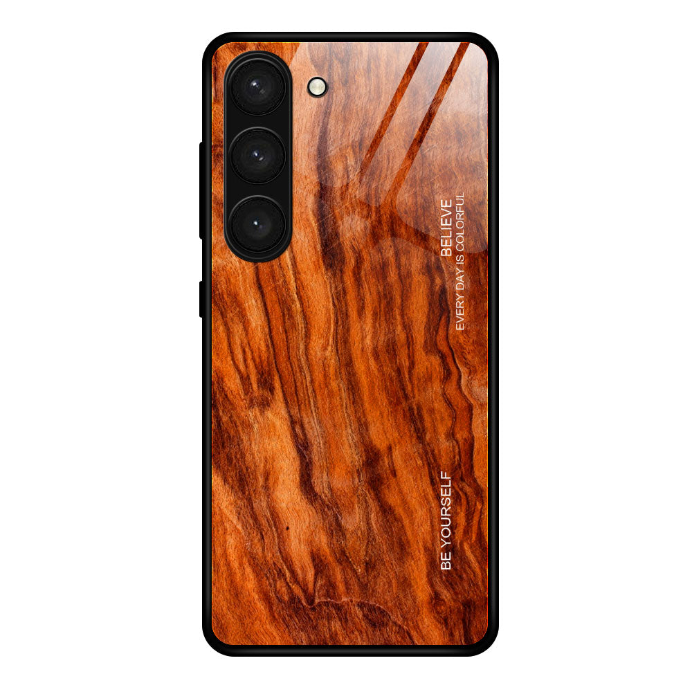 For Samsung Galaxy S24 Case Wood Texture Tempered Glass+TPU Anti-Drop Phone Case - Orange