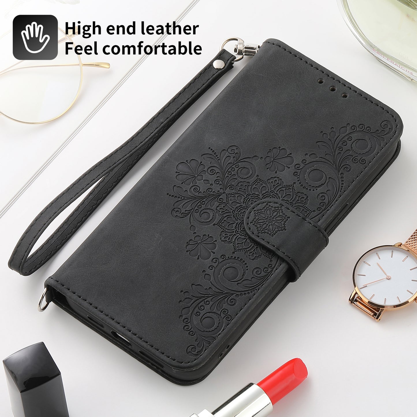 For Samsung Galaxy S24 Case Multiple Card Slots Leather Stand Cover with Straps - Black