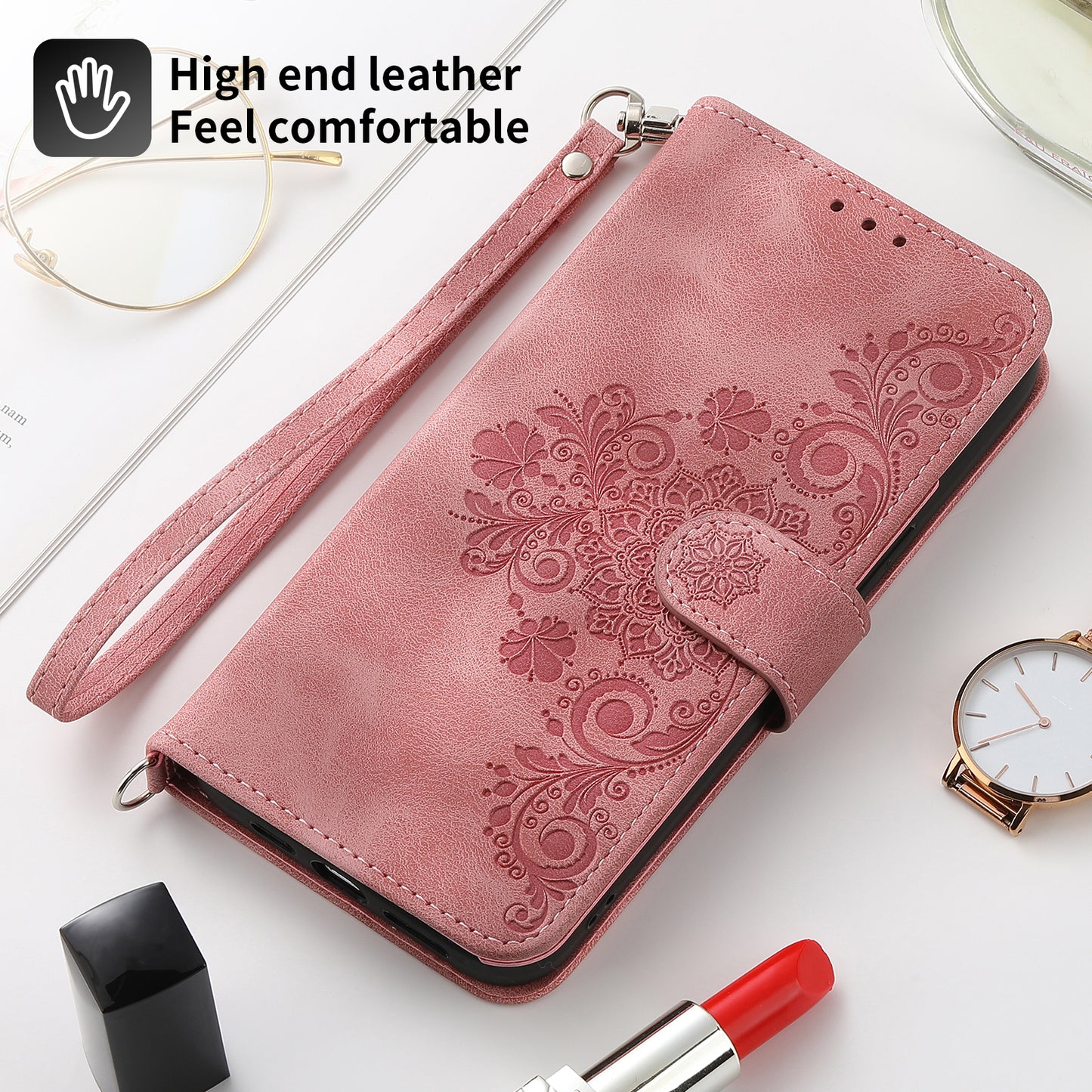 For Samsung Galaxy S24 Case Multiple Card Slots Leather Stand Cover with Straps - Pink