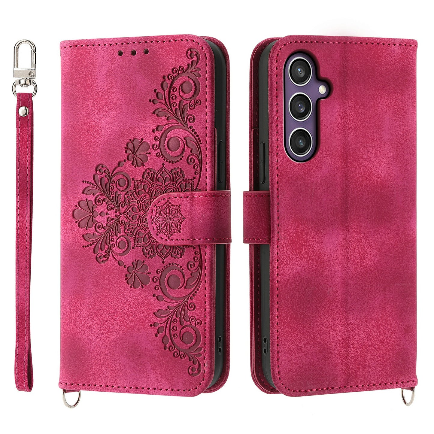 For Samsung Galaxy S24 Case Multiple Card Slots Leather Stand Cover with Straps - Wine Red