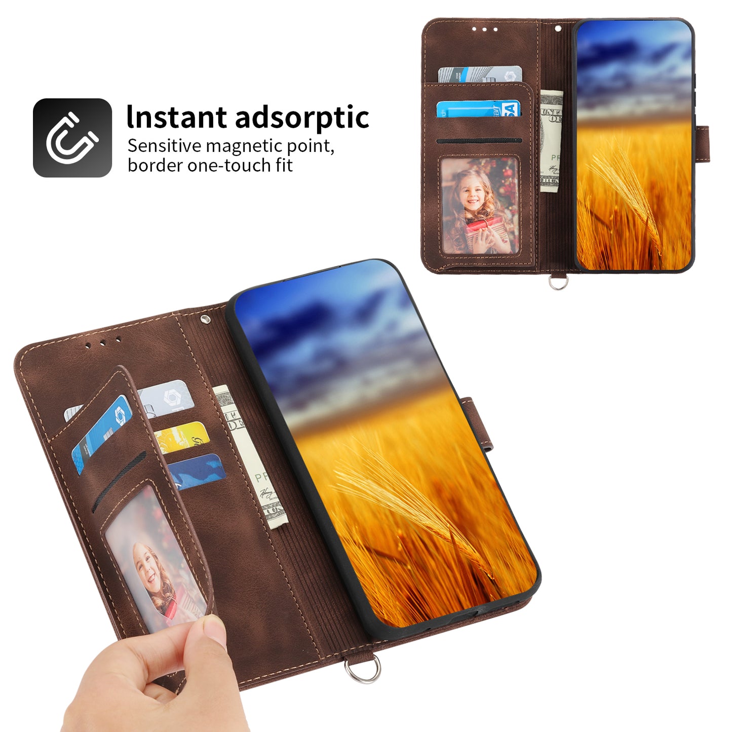 For Samsung Galaxy S24 Case Multiple Card Slots Leather Stand Cover with Straps - Brown