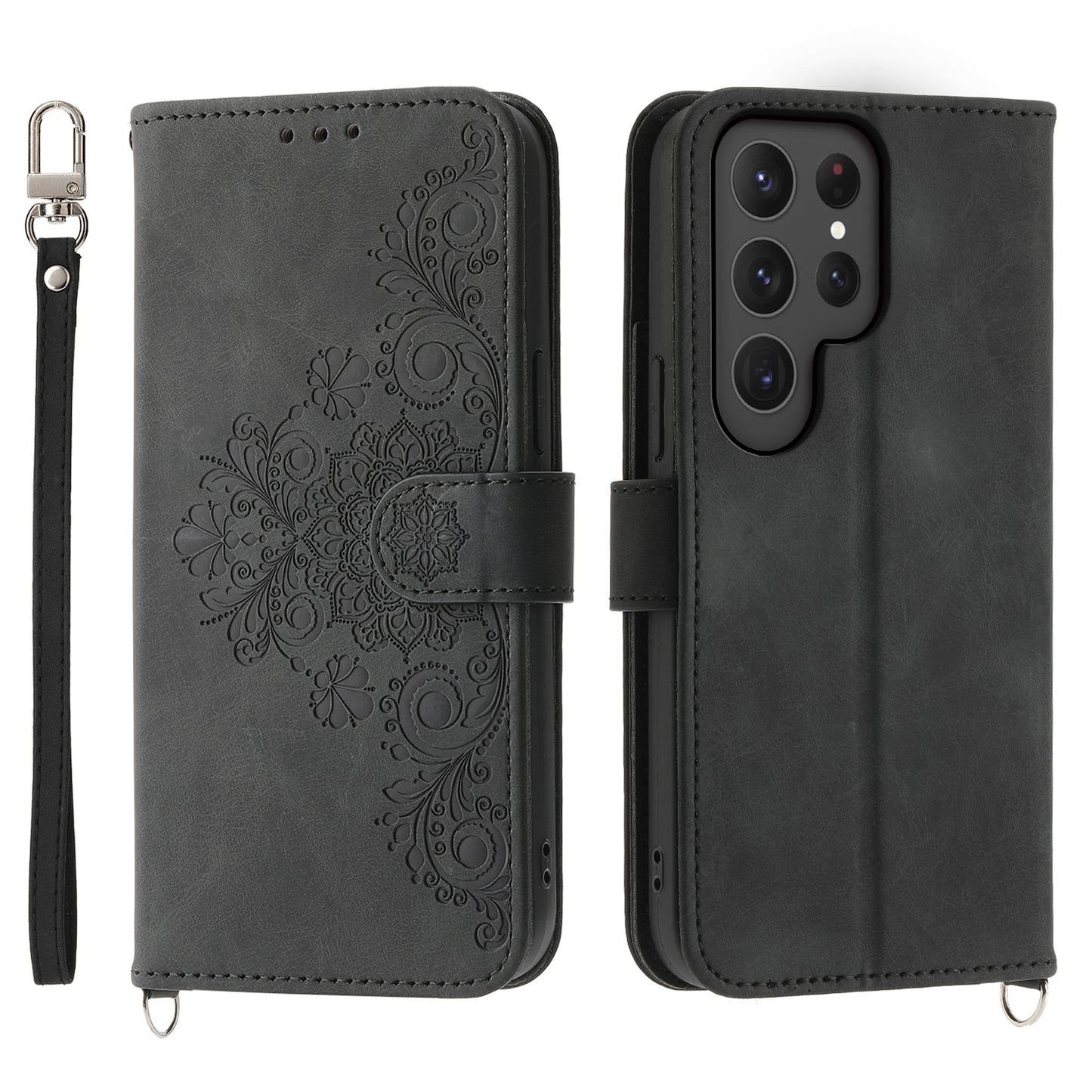 For Samsung Galaxy S24 Ultra Case Skin-touch Wallet Stand Leather Cover with Straps - Black