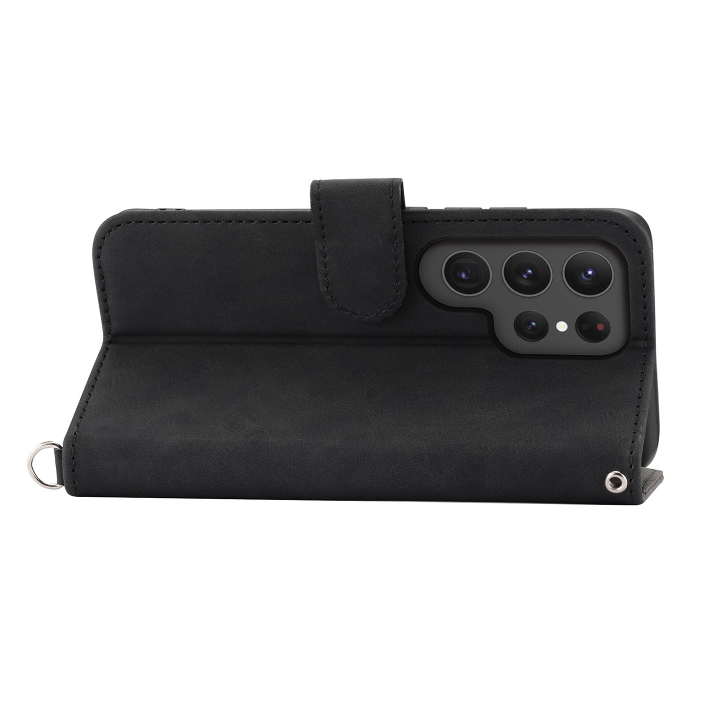 For Samsung Galaxy S24 Ultra Case Skin-touch Wallet Stand Leather Cover with Straps - Black