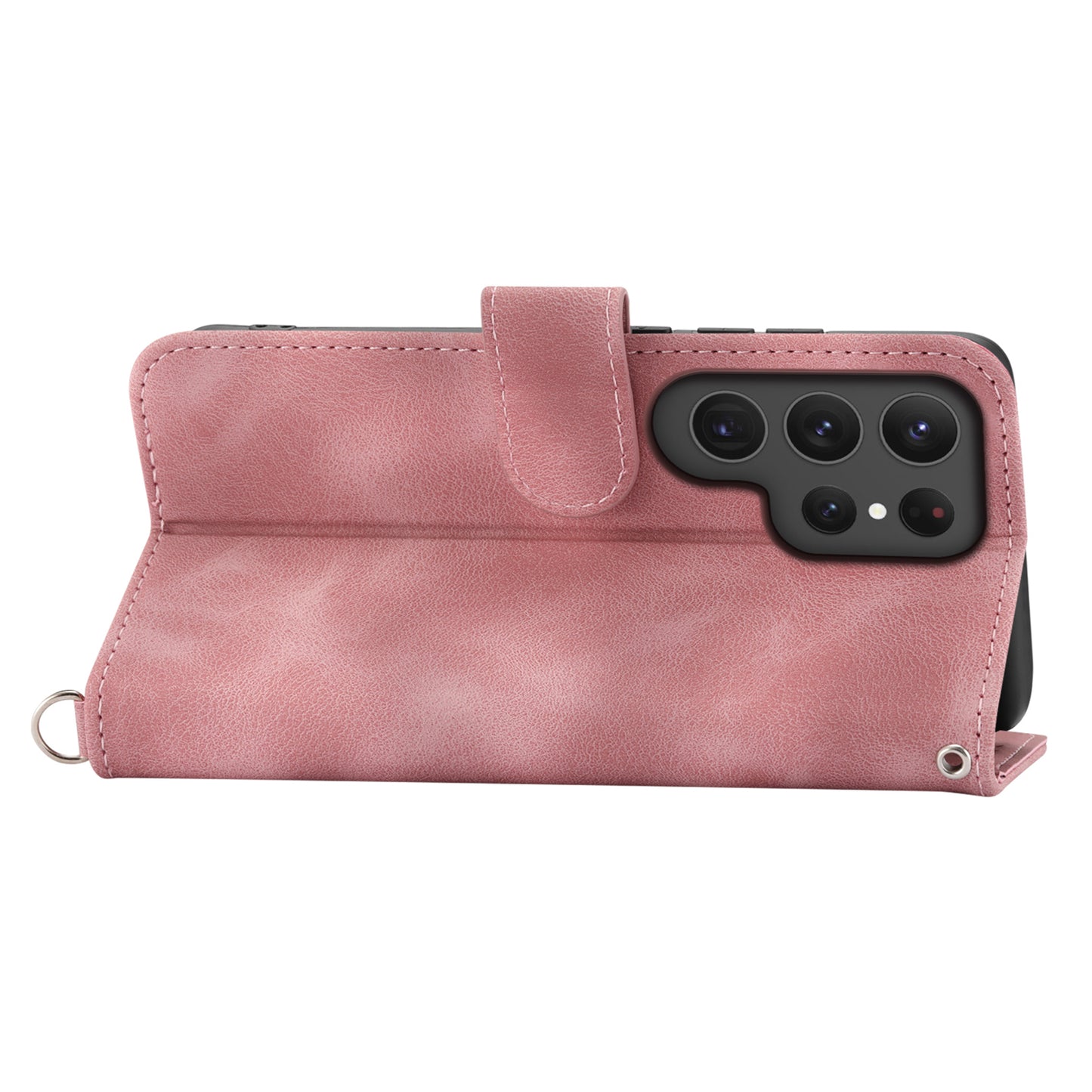 For Samsung Galaxy S24 Ultra Case Skin-touch Wallet Stand Leather Cover with Straps - Pink