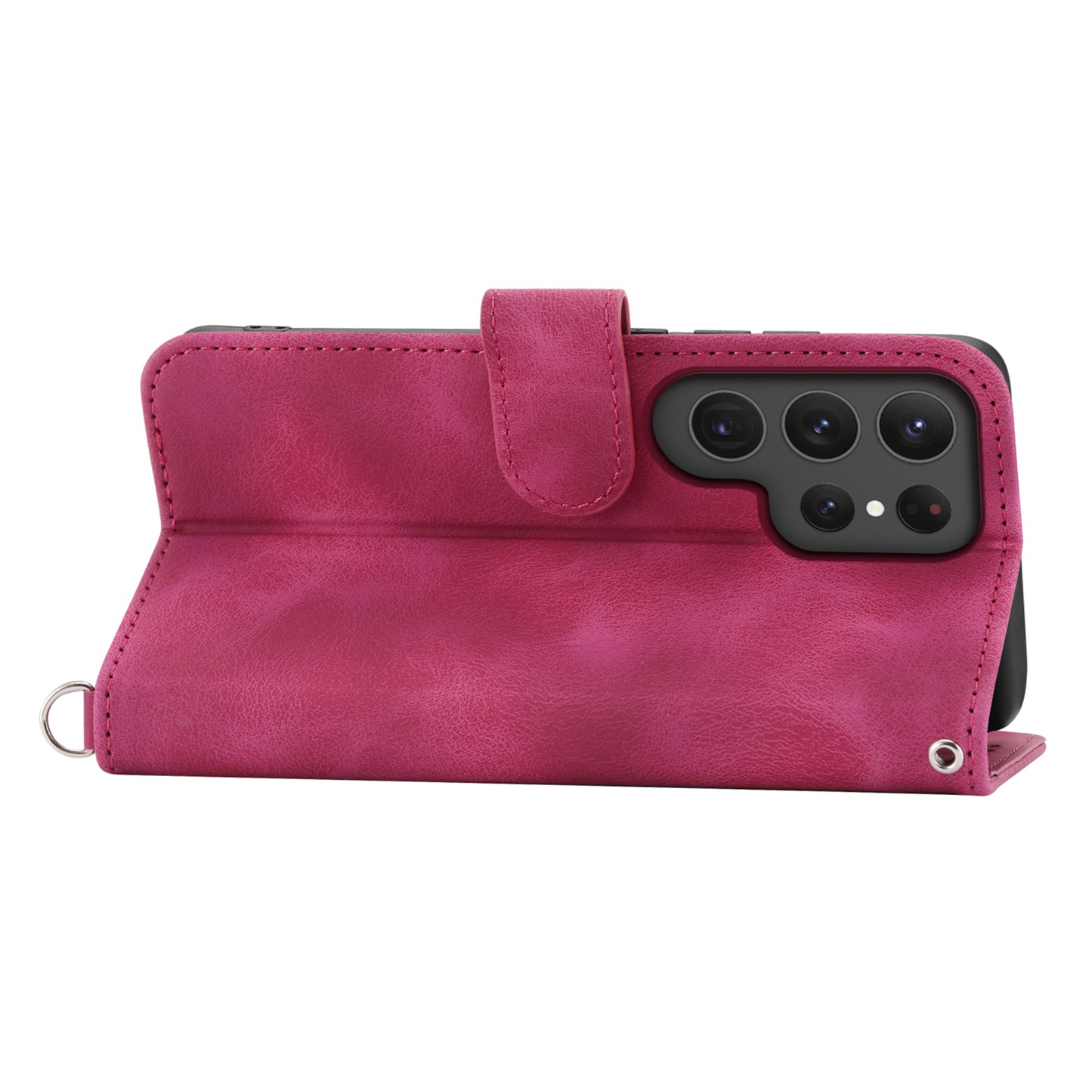 For Samsung Galaxy S24 Ultra Case Skin-touch Wallet Stand Leather Cover with Straps - Wine Red