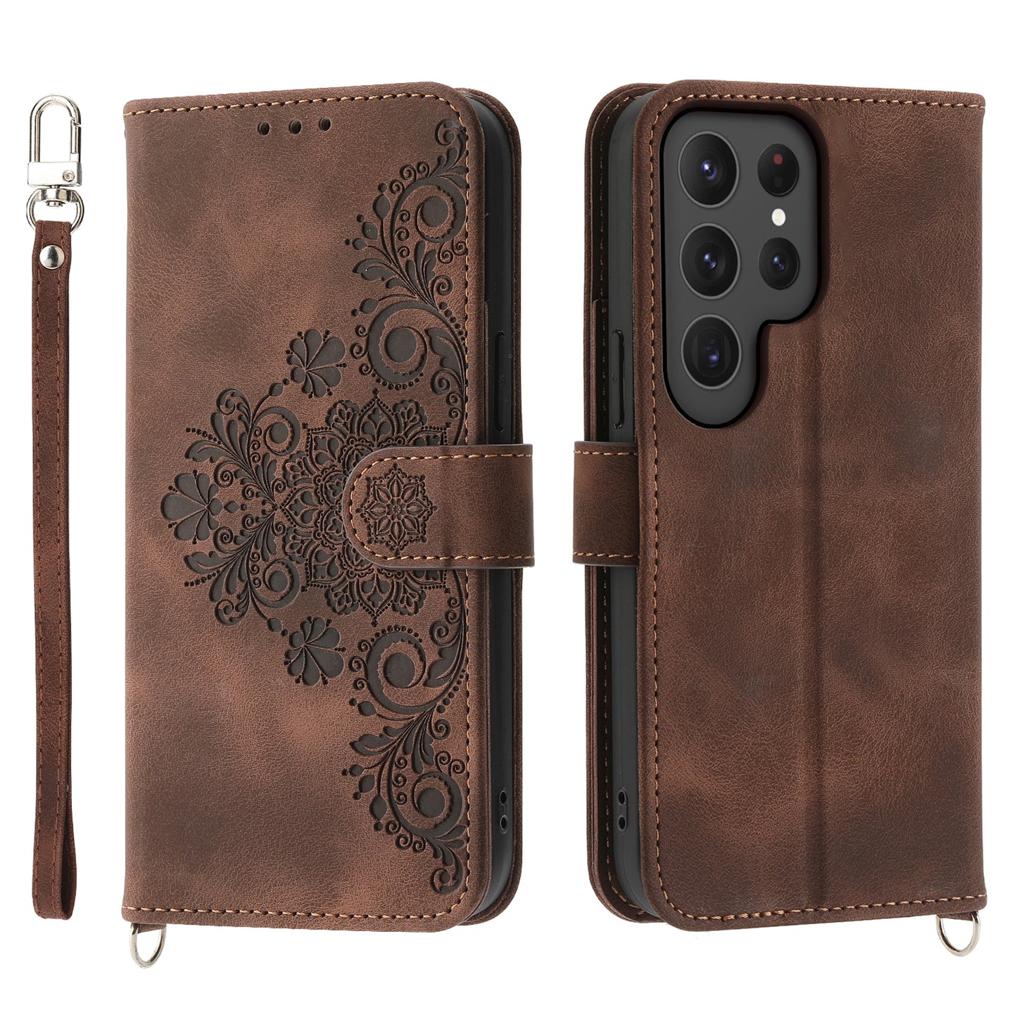 For Samsung Galaxy S24 Ultra Case Skin-touch Wallet Stand Leather Cover with Straps - Brown
