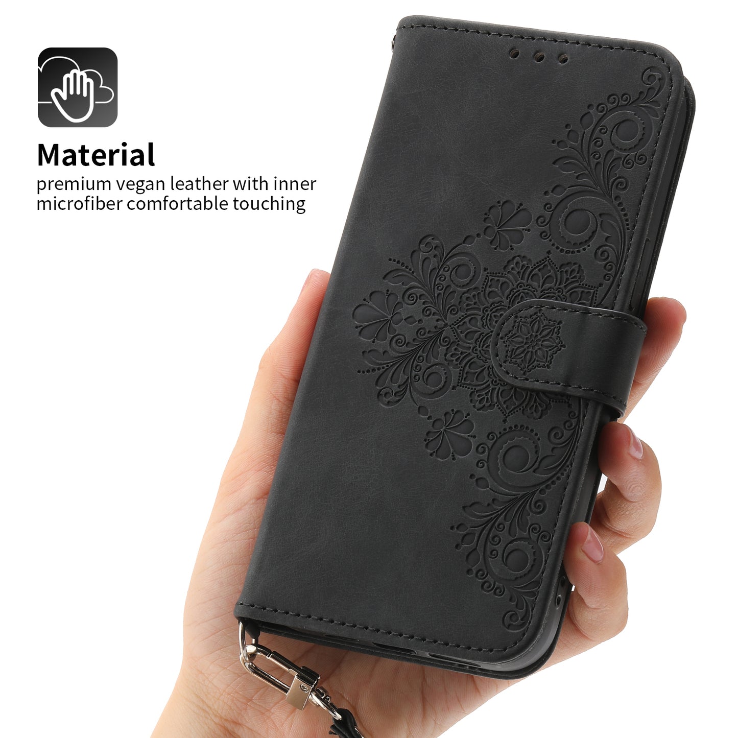 For Samsung Galaxy S24+ Case Multiple Card Slots Leather Wallet Cover with Straps - Black