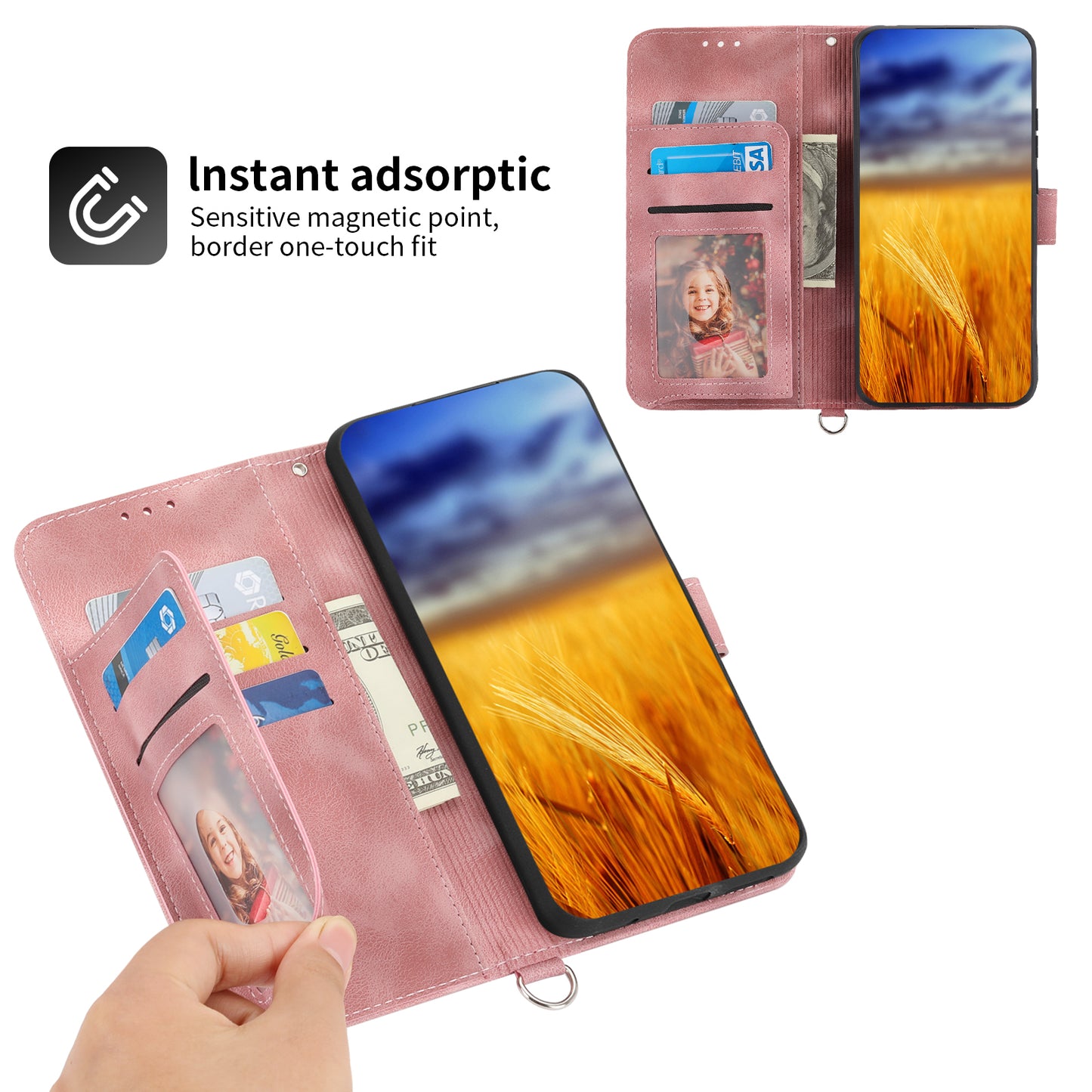 For Samsung Galaxy S24+ Case Multiple Card Slots Leather Wallet Cover with Straps - Pink
