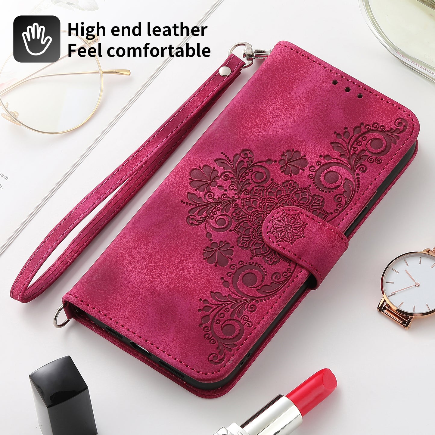 For Samsung Galaxy S24+ Case Multiple Card Slots Leather Wallet Cover with Straps - Wine Red