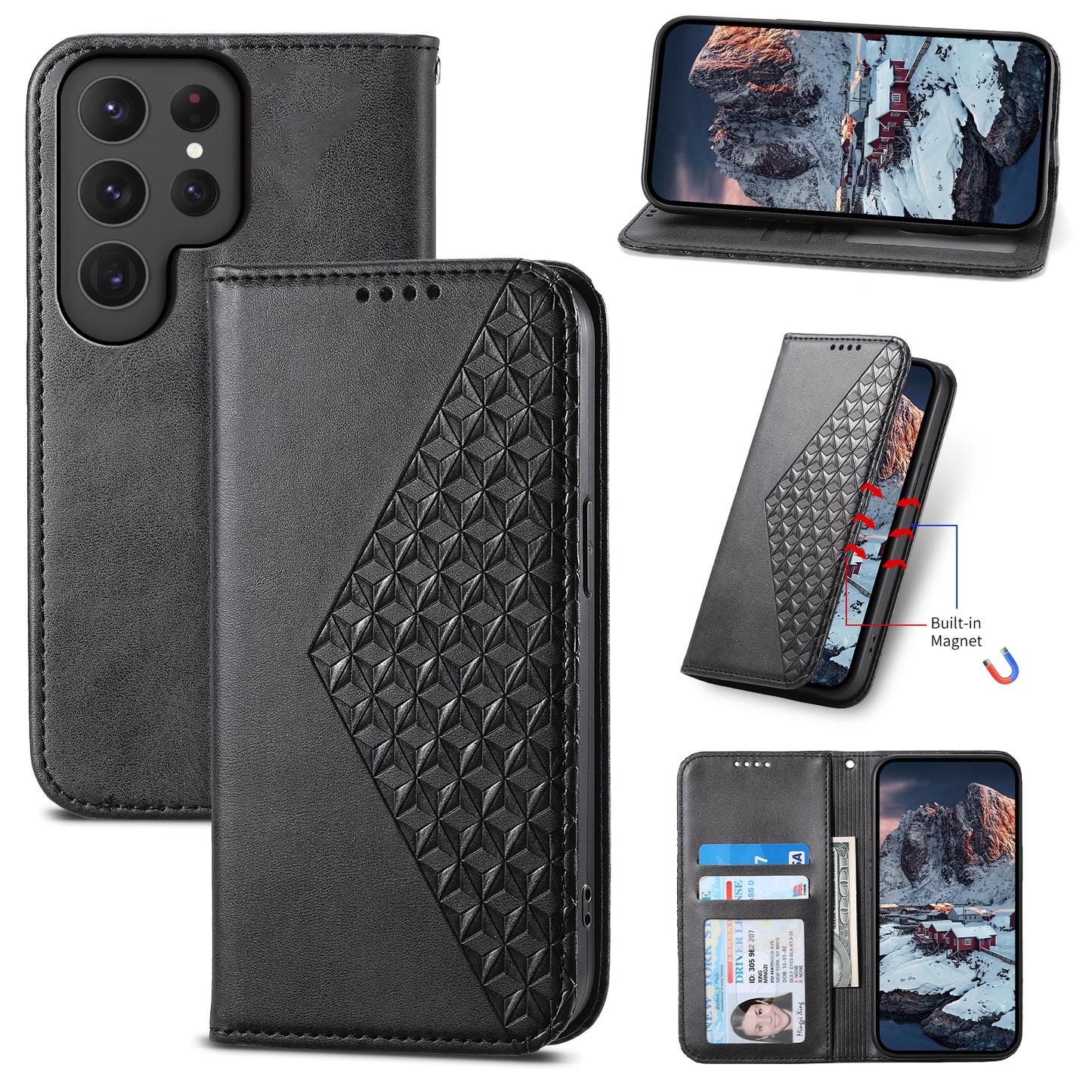 For Samsung Galaxy S24 Ultra Case Imprinted PU Leather+TPU Cell Phone Wallet Cover - Black