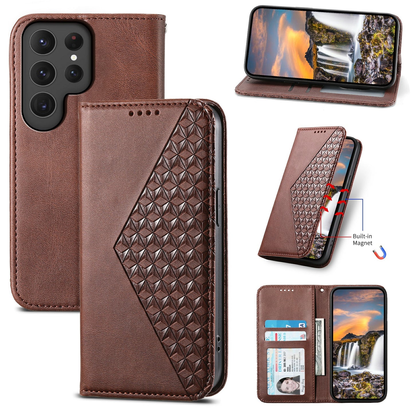 For Samsung Galaxy S24 Ultra Case Imprinted PU Leather+TPU Cell Phone Wallet Cover - Brown