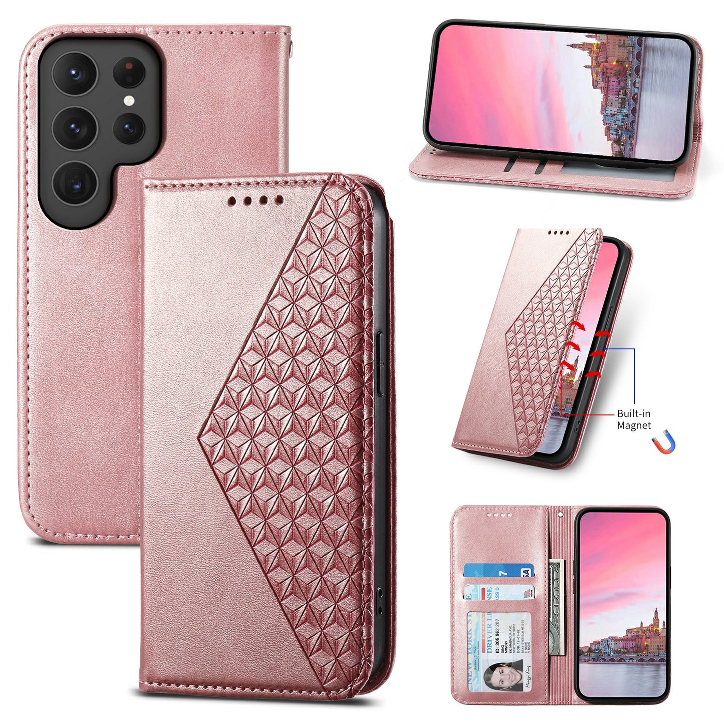 For Samsung Galaxy S24 Ultra Case Imprinted PU Leather+TPU Cell Phone Wallet Cover - Rose Gold