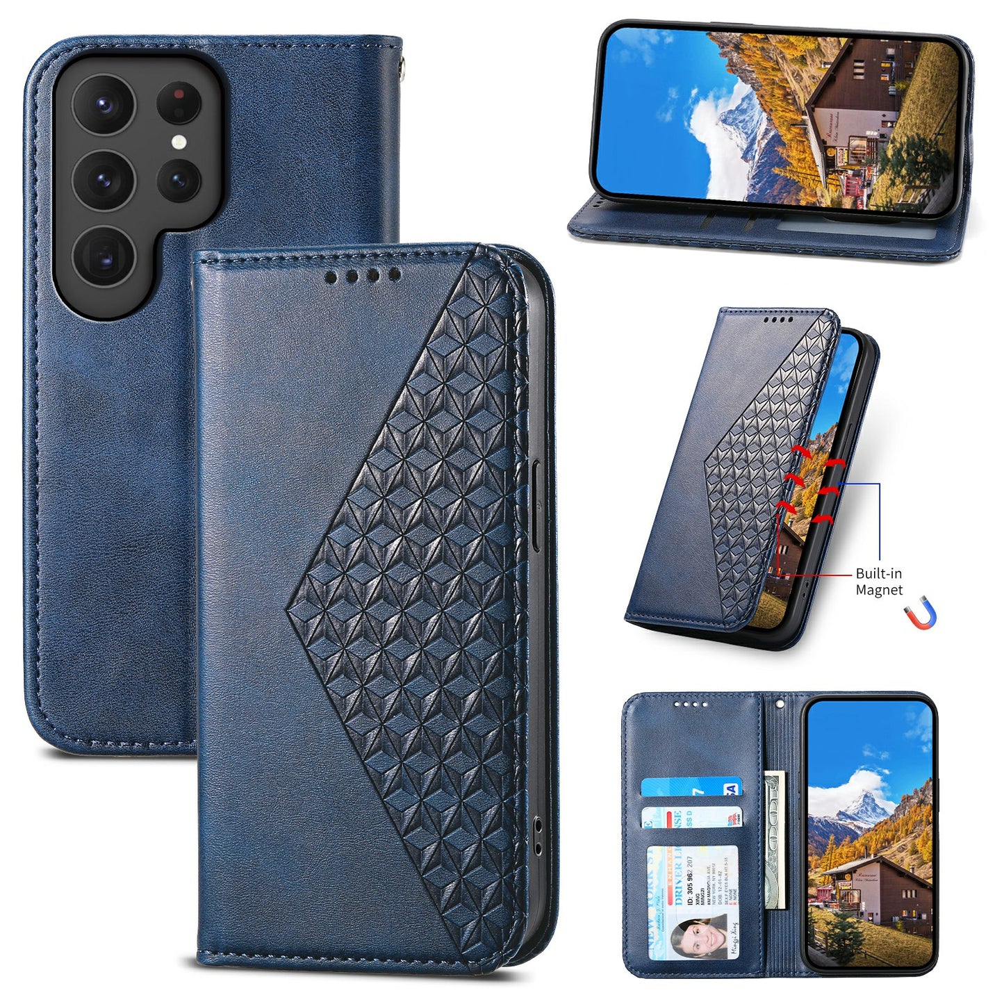 For Samsung Galaxy S24 Ultra Case Imprinted PU Leather+TPU Cell Phone Wallet Cover - Blue