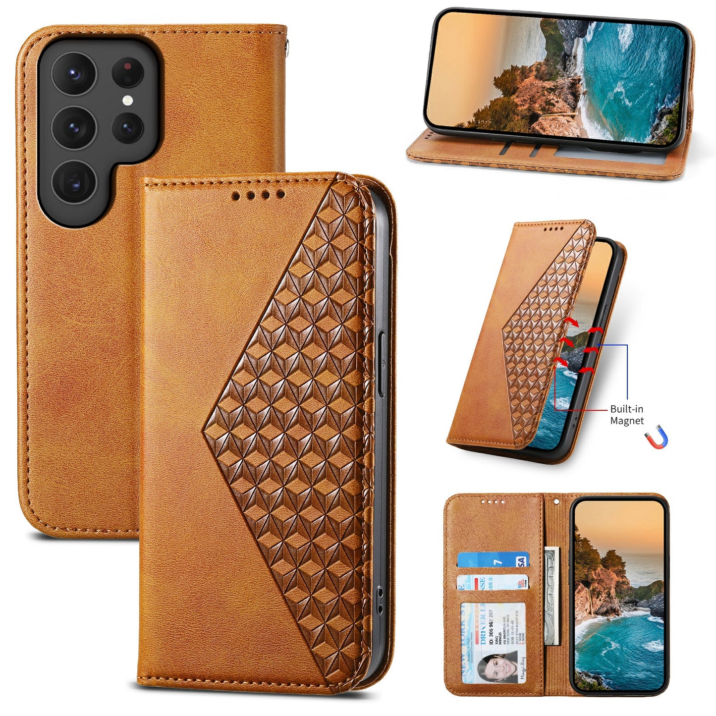 For Samsung Galaxy S24 Ultra Case Imprinted PU Leather+TPU Cell Phone Wallet Cover - Yellow