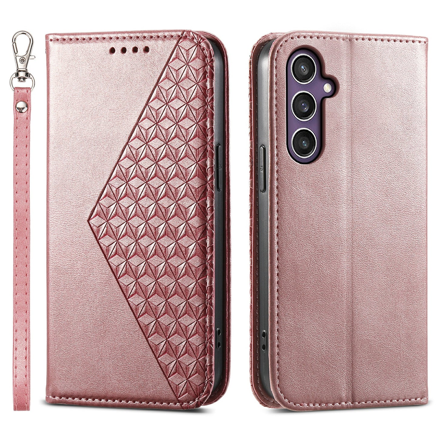 For Samsung Galaxy S24+ Cell Phone Case Calf Texture PU Leather Wallet Cover with Strap - Rose Gold