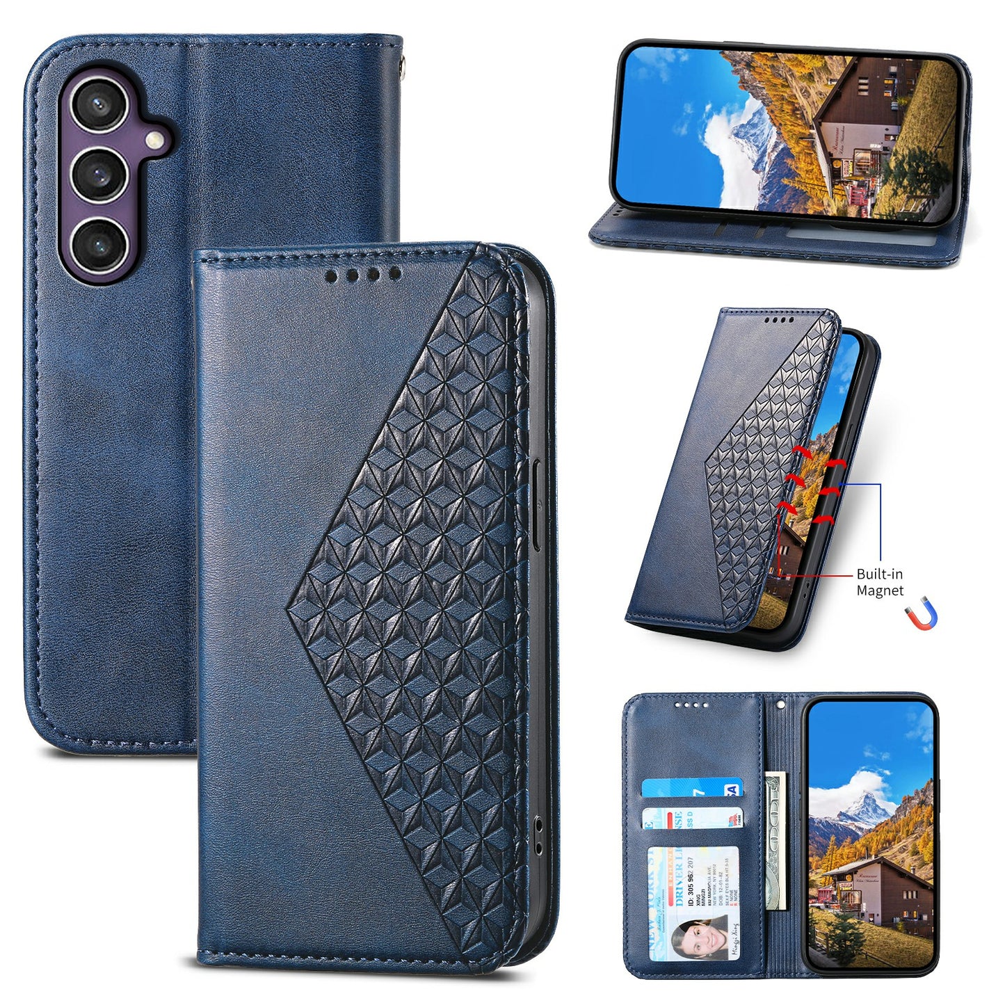 For Samsung Galaxy S24+ Cell Phone Case Calf Texture PU Leather Wallet Cover with Strap - Blue
