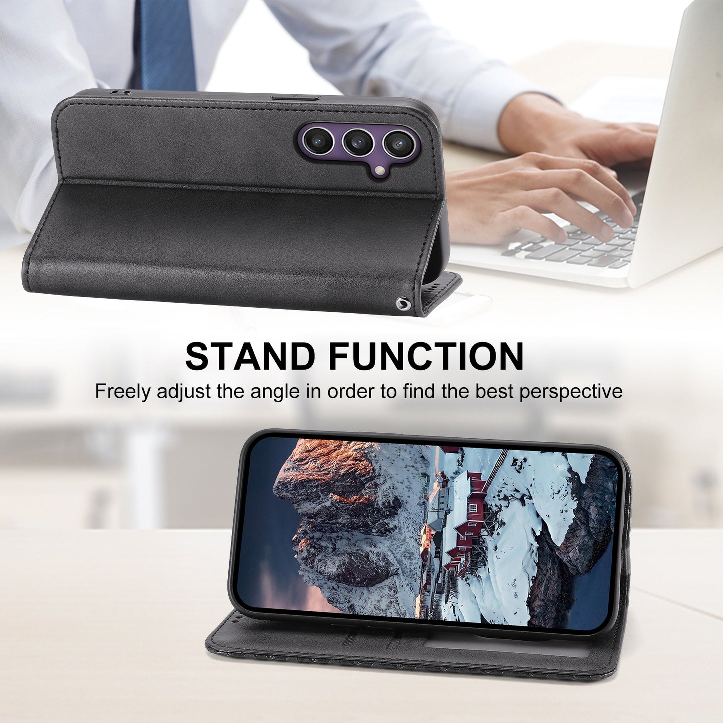 For Samsung Galaxy S24 Case PU Leather Imprinted Smart Phone Protector with Wallet - Black