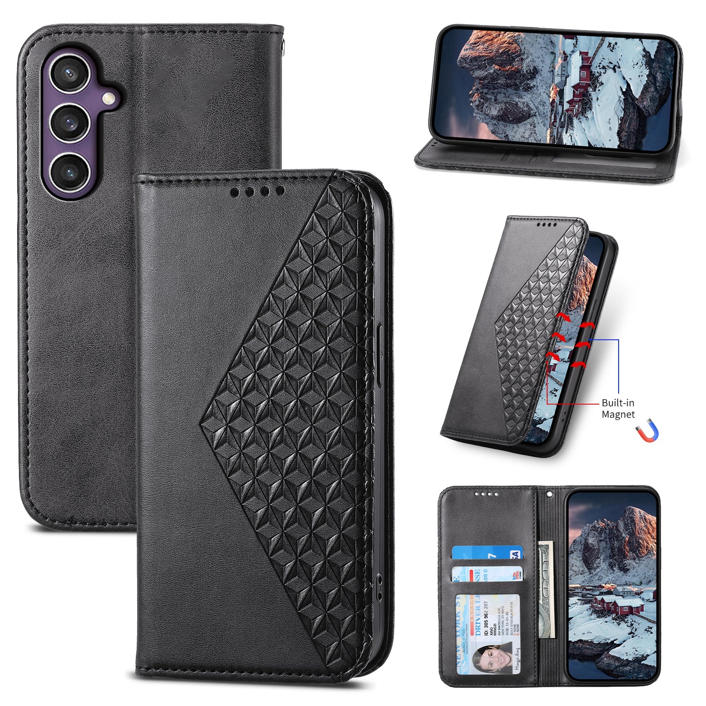 For Samsung Galaxy S24 Case PU Leather Imprinted Smart Phone Protector with Wallet - Black