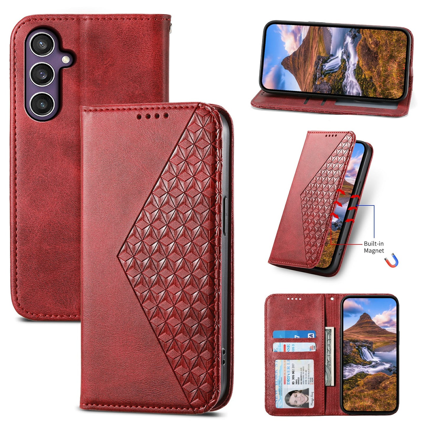 For Samsung Galaxy S24 Case PU Leather Imprinted Smart Phone Protector with Wallet - Red