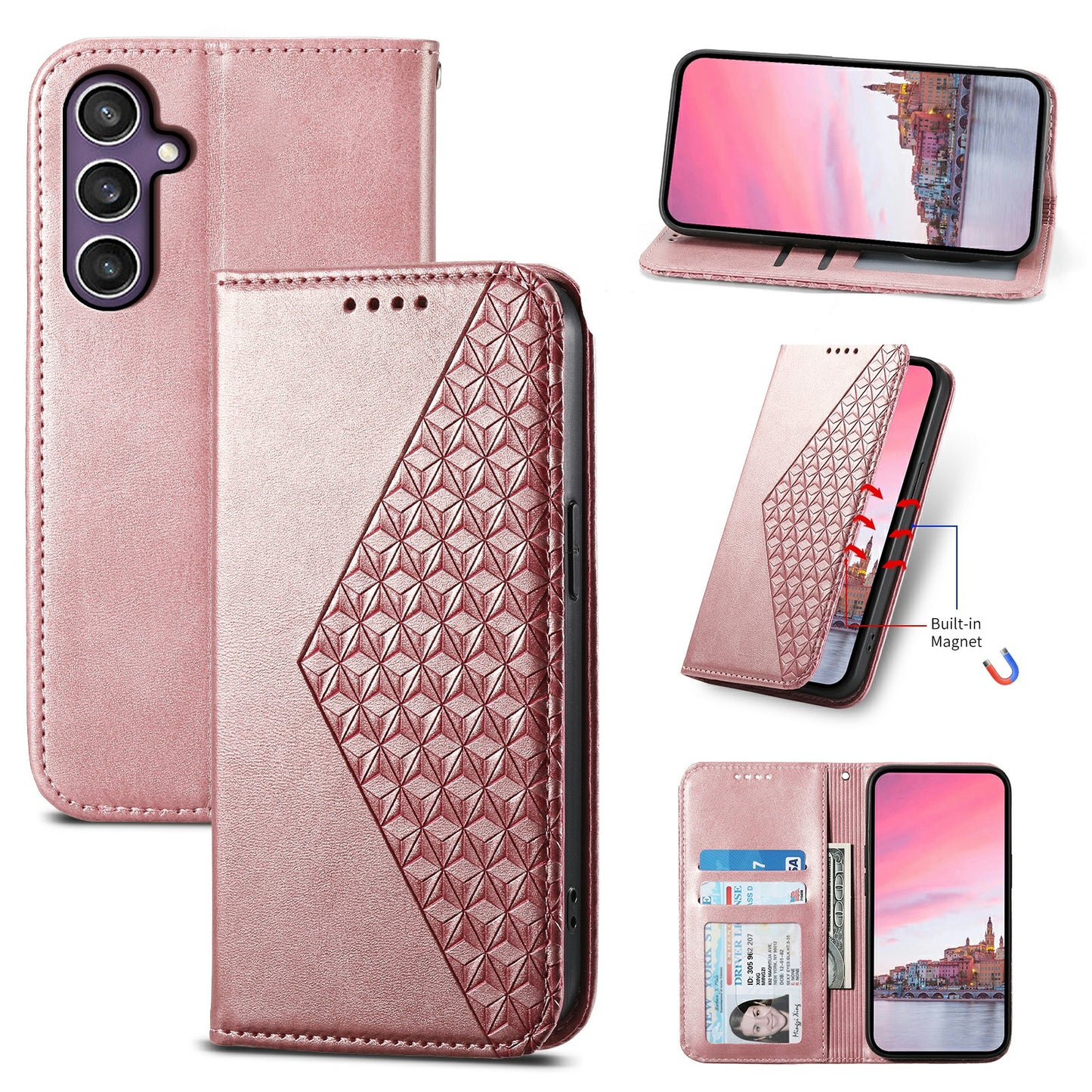 For Samsung Galaxy S24 Case PU Leather Imprinted Smart Phone Protector with Wallet - Rose Gold