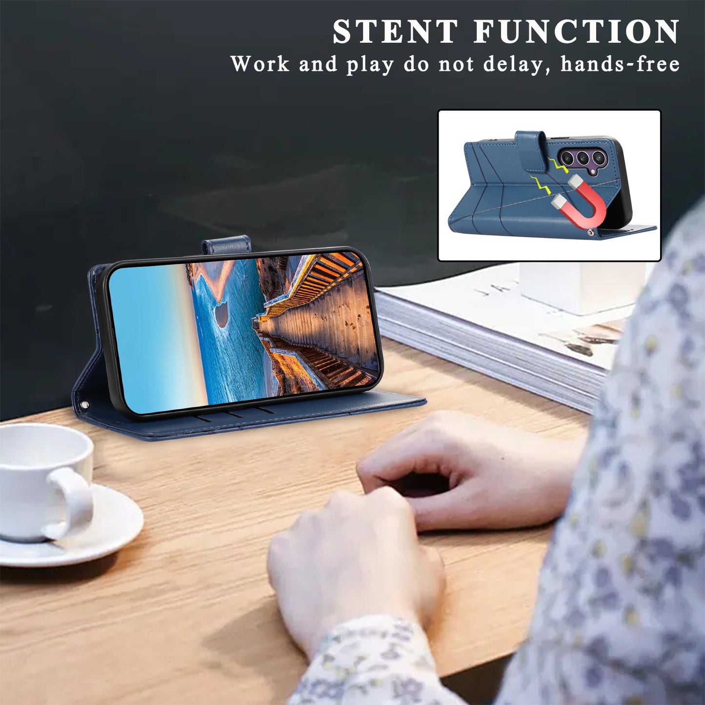 DF-06 For Samsung Galaxy S24 Cell Phone Cases with Strap Imprinted PU Leather Cover - Blue