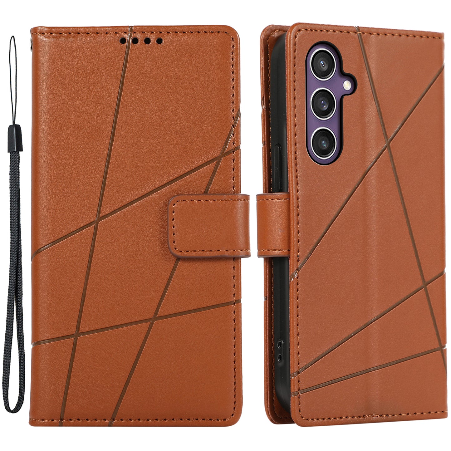 DF-06 For Samsung Galaxy S24 Cell Phone Cases with Strap Imprinted PU Leather Cover - Brown