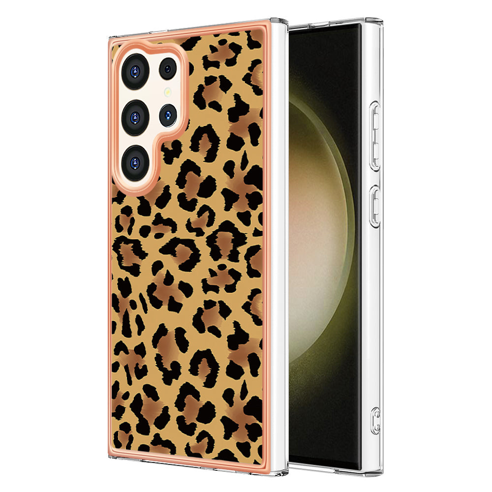 YB IMD Series-19 Style-D For Samsung Galaxy S24 Ultra Phone Case Electroplating Edge 2.0mm TPU Cover - Leopard Print