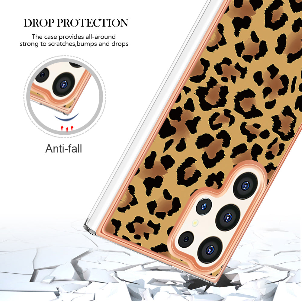 YB IMD Series-19 Style-D For Samsung Galaxy S24 Ultra Phone Case Electroplating Edge 2.0mm TPU Cover - Leopard Print