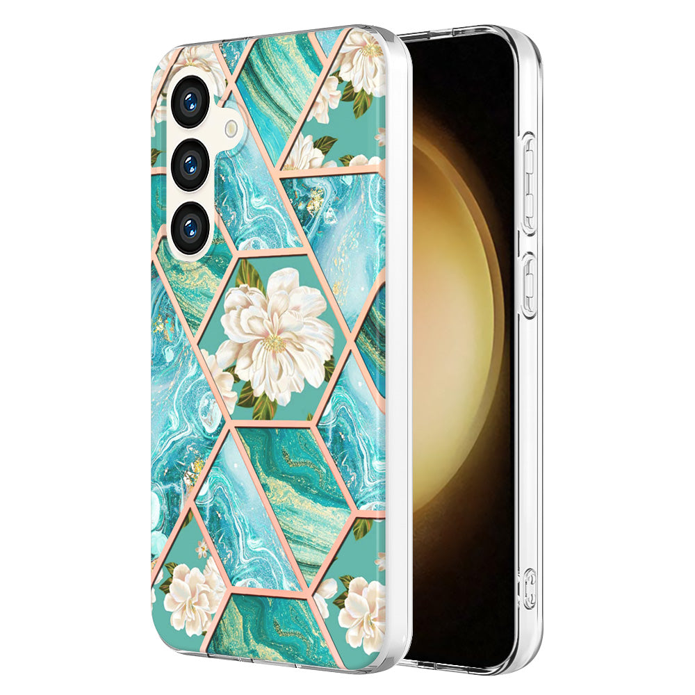 YB IMD Series-1 For Samsung Galaxy S24 Phone Case Pattern TPU Plating Cover - Blue Flowers