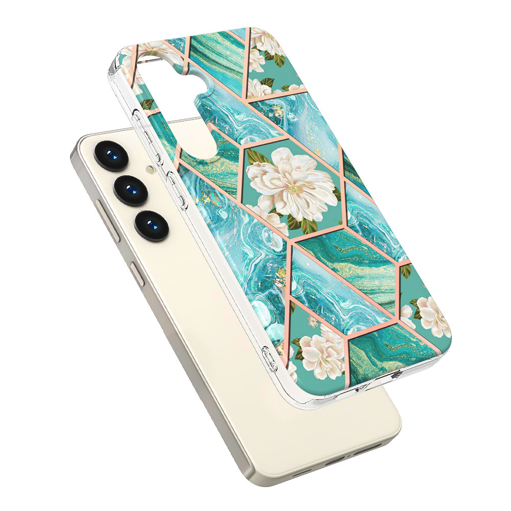 YB IMD Series-1 For Samsung Galaxy S24 Phone Case Pattern TPU Plating Cover - Blue Flowers