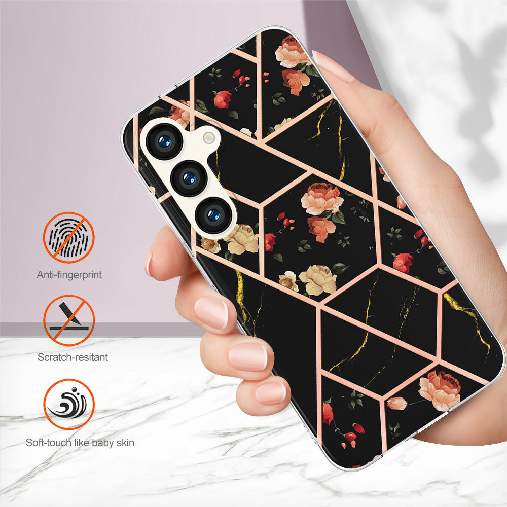 YB IMD Series-1 For Samsung Galaxy S24 Phone Case Pattern TPU Plating Cover - Black Flowers