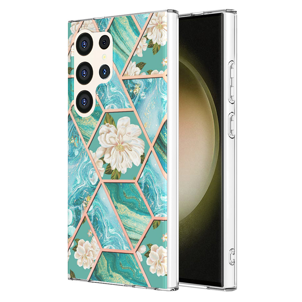 YB IMD Series-1 For Samsung Galaxy S24 Ultra Case Flexible TPU Plating Phone Cover - Blue Flowers