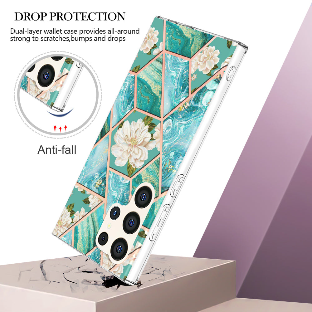 YB IMD Series-1 For Samsung Galaxy S24 Ultra Case Flexible TPU Plating Phone Cover - Blue Flowers