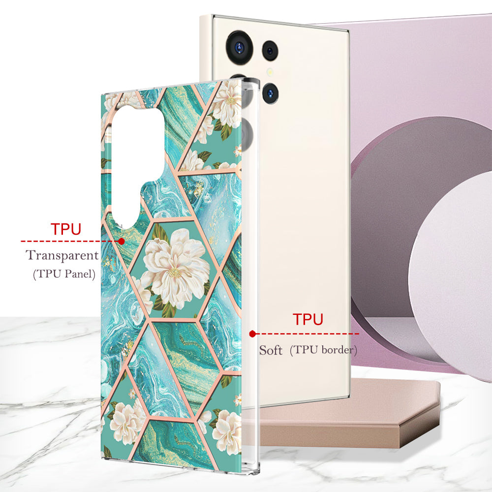 YB IMD Series-1 For Samsung Galaxy S24 Ultra Case Flexible TPU Plating Phone Cover - Blue Flowers