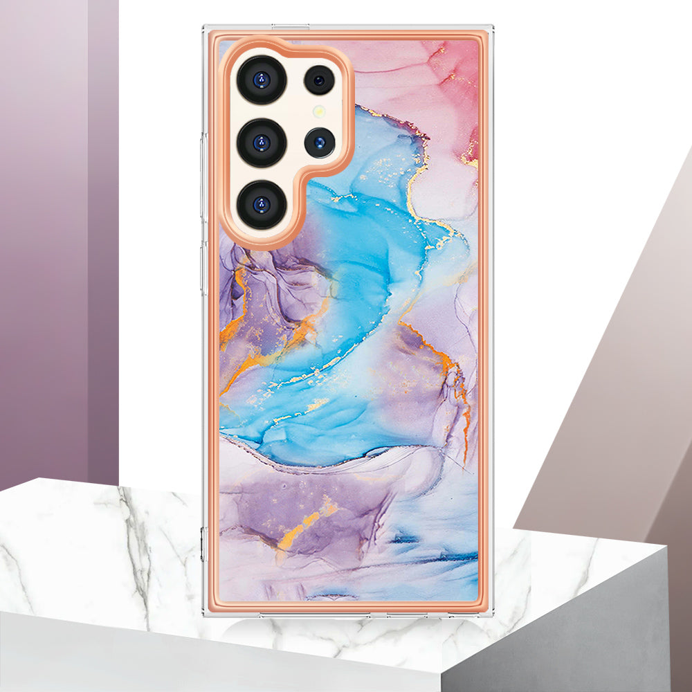 YB IMD Series-1 For Samsung Galaxy S24 Ultra Case Flexible TPU Plating Phone Cover - Milky Way Marble Blue