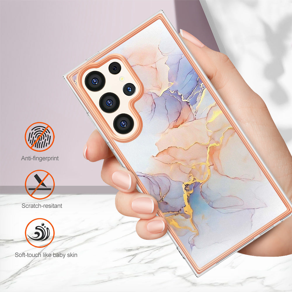 YB IMD Series-1 For Samsung Galaxy S24 Ultra Case Flexible TPU Plating Phone Cover - Milky Way Marble White