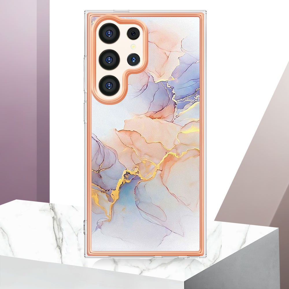 YB IMD Series-1 For Samsung Galaxy S24 Ultra Case Flexible TPU Plating Phone Cover - Milky Way Marble White