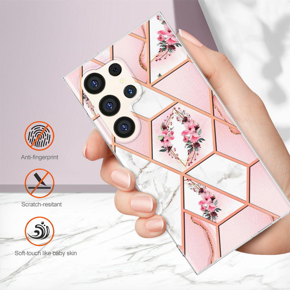 YB IMD Series-1 For Samsung Galaxy S24 Ultra Case Flexible TPU Plating Phone Cover - Pink Flowers
