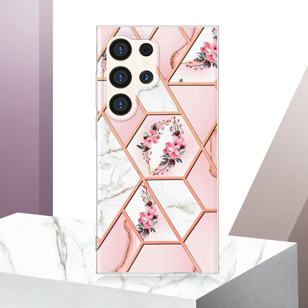 YB IMD Series-1 For Samsung Galaxy S24 Ultra Case Flexible TPU Plating Phone Cover - Pink Flowers