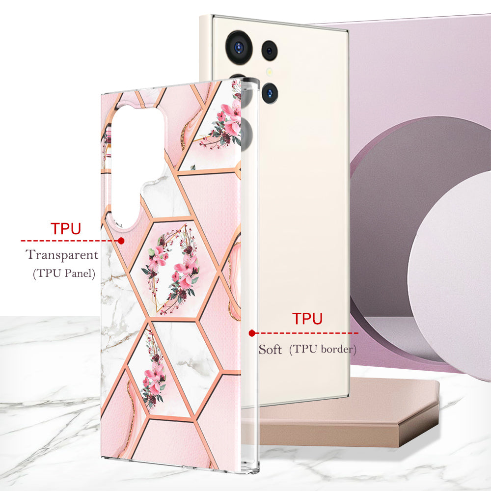 YB IMD Series-1 For Samsung Galaxy S24 Ultra Case Flexible TPU Plating Phone Cover - Pink Flowers