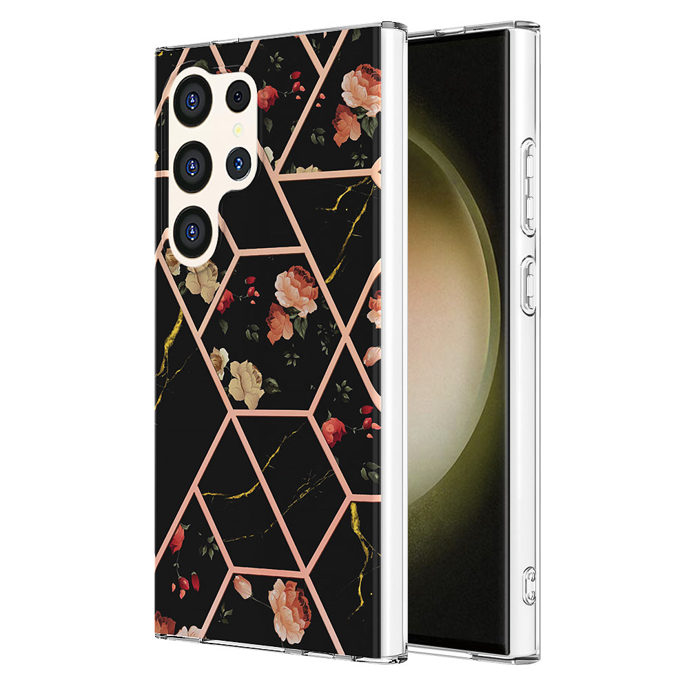 YB IMD Series-1 For Samsung Galaxy S24 Ultra Case Flexible TPU Plating Phone Cover - Black Flowers