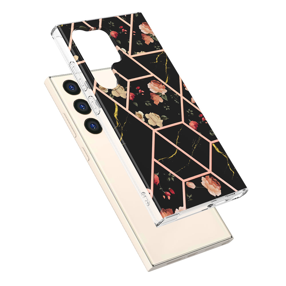 YB IMD Series-1 For Samsung Galaxy S24 Ultra Case Flexible TPU Plating Phone Cover - Black Flowers