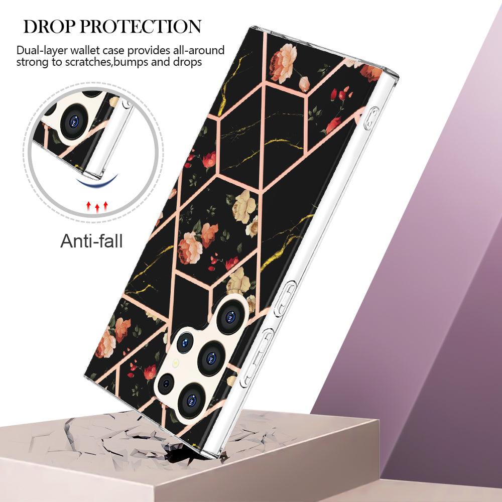 YB IMD Series-1 For Samsung Galaxy S24 Ultra Case Flexible TPU Plating Phone Cover - Black Flowers