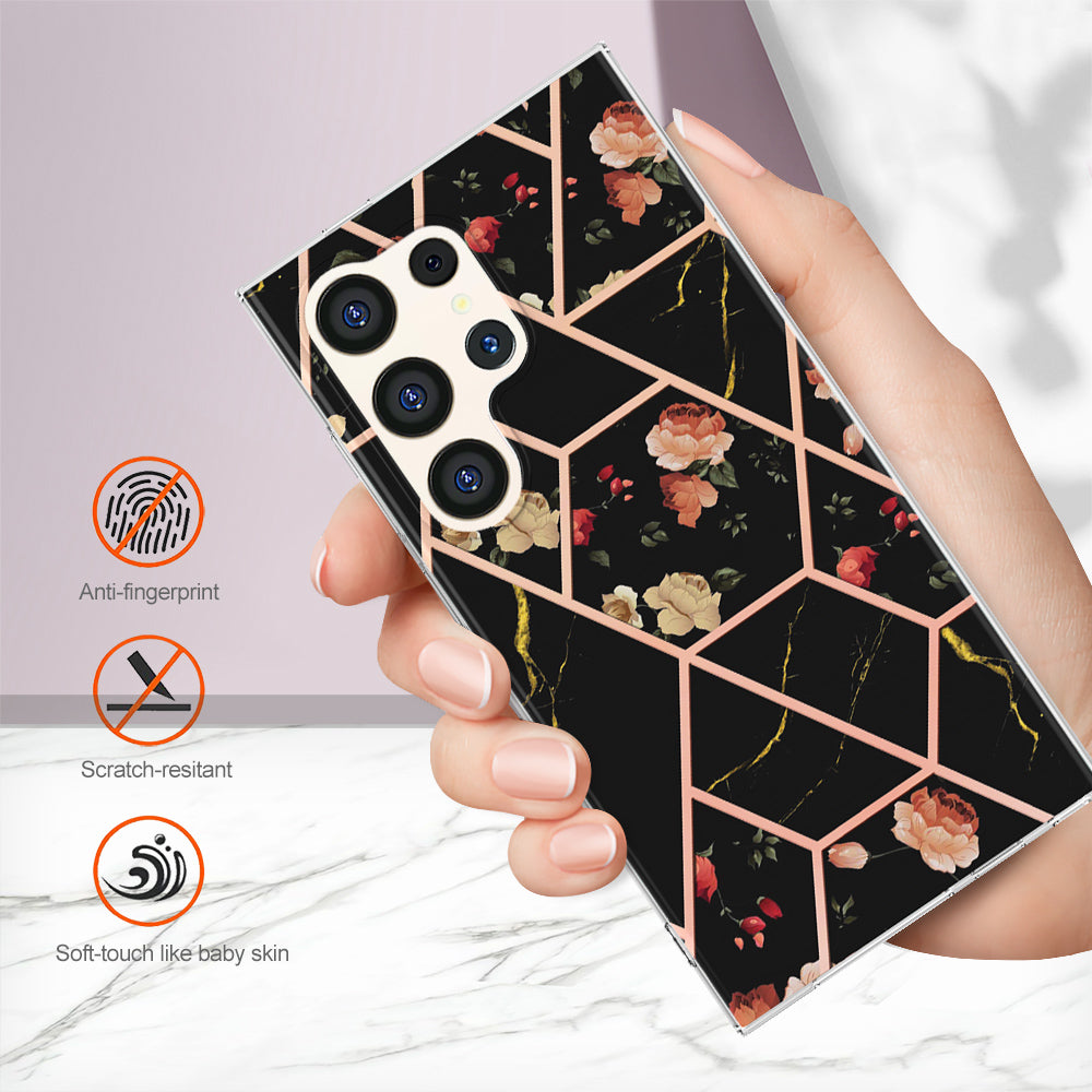 YB IMD Series-1 For Samsung Galaxy S24 Ultra Case Flexible TPU Plating Phone Cover - Black Flowers