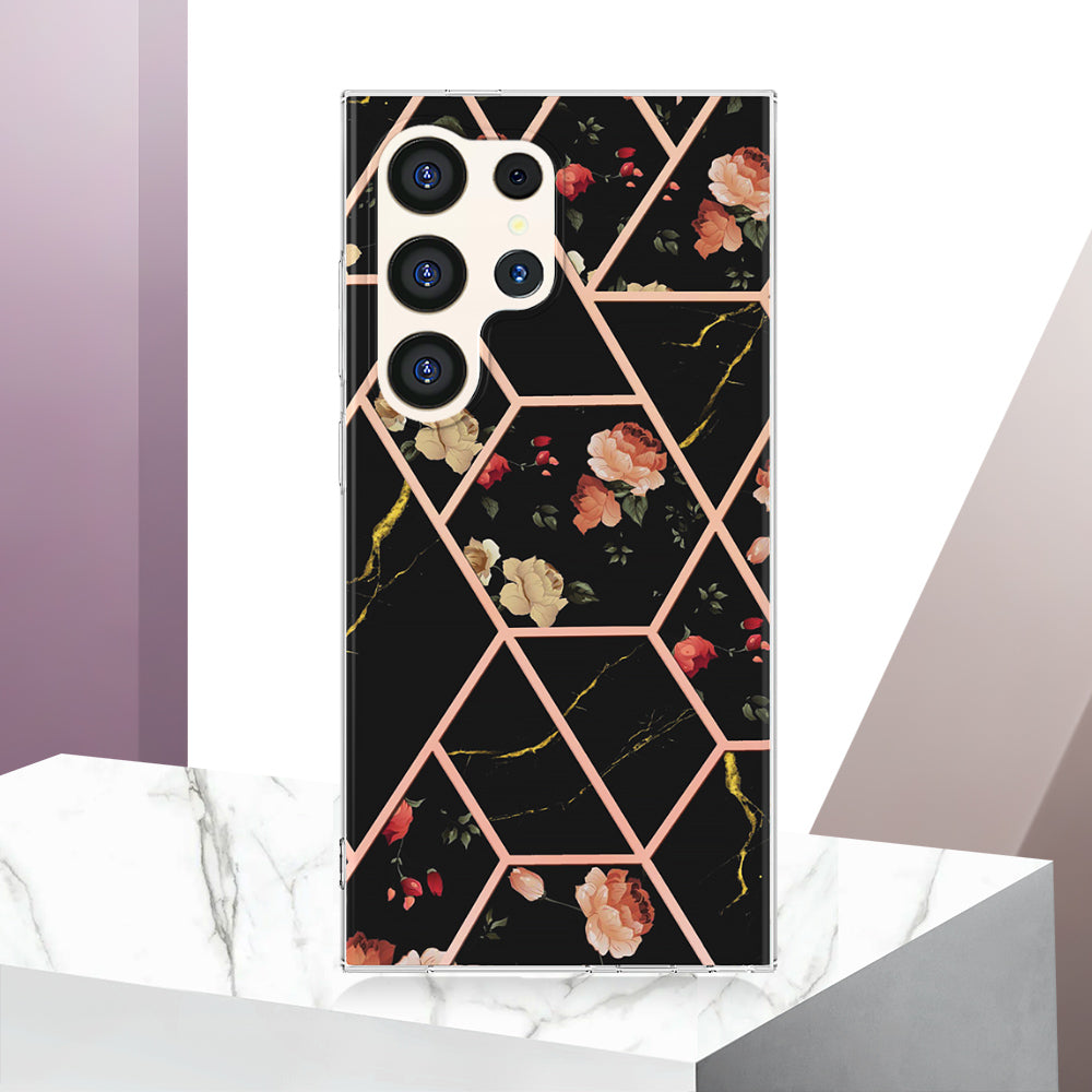 YB IMD Series-1 For Samsung Galaxy S24 Ultra Case Flexible TPU Plating Phone Cover - Black Flowers
