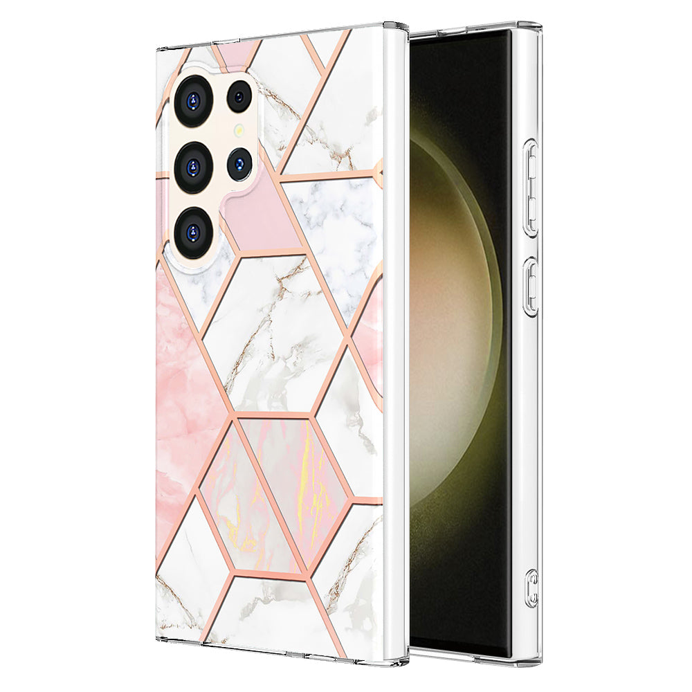 YB IMD Series-3 for Samsung Galaxy S24 Ultra TPU Case Marble Pattern Plating Phone Cover - Pink / White
