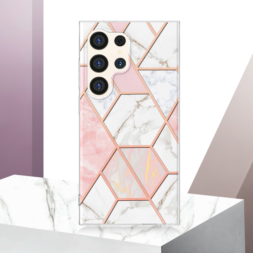 YB IMD Series-3 for Samsung Galaxy S24 Ultra TPU Case Marble Pattern Plating Phone Cover - Pink / White