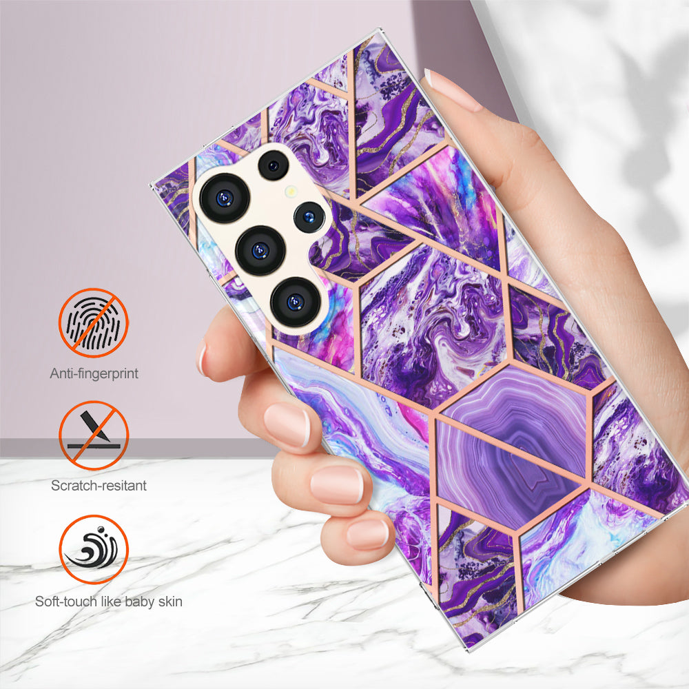 YB IMD Series-3 for Samsung Galaxy S24 Ultra TPU Case Marble Pattern Plating Phone Cover - Dark Purple