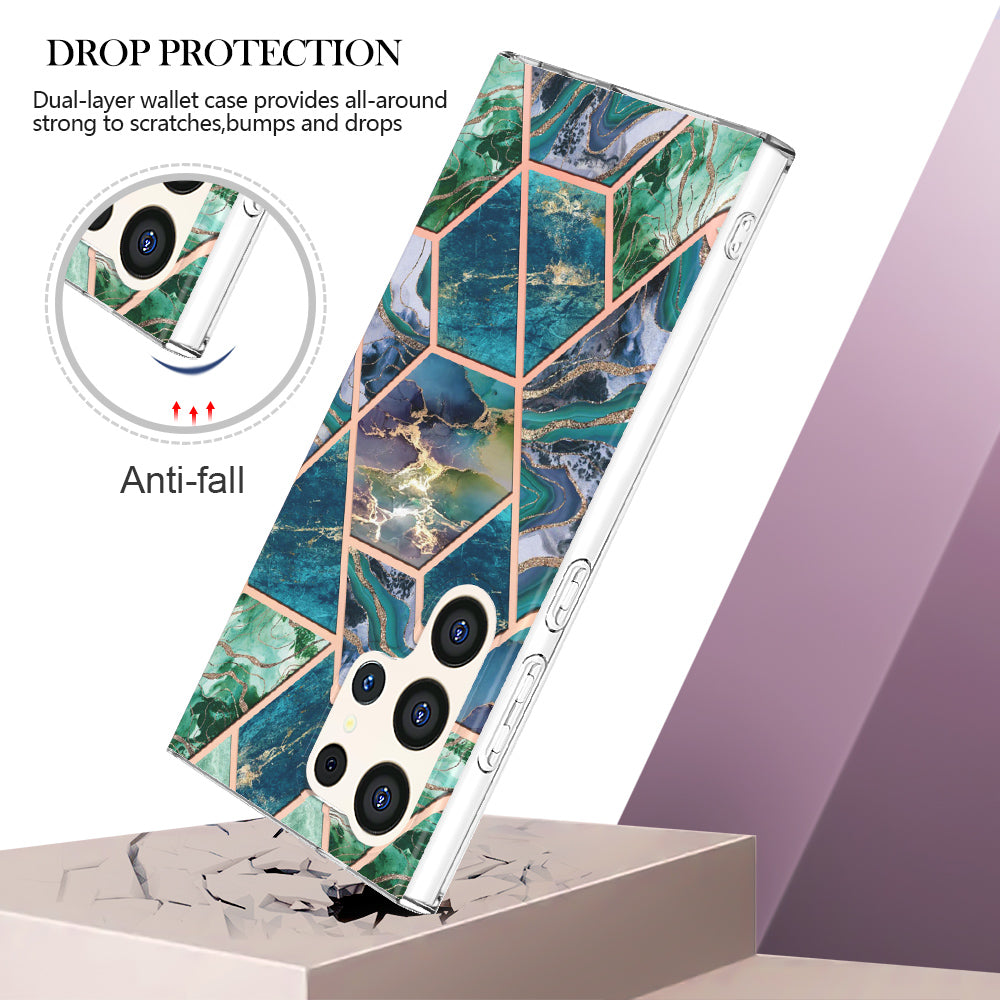 YB IMD Series-3 for Samsung Galaxy S24 Ultra TPU Case Marble Pattern Plating Phone Cover - Blue / Green